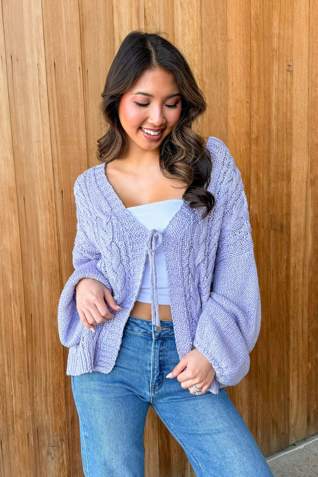 Winter Cutie Lavender Tie Front Sweater