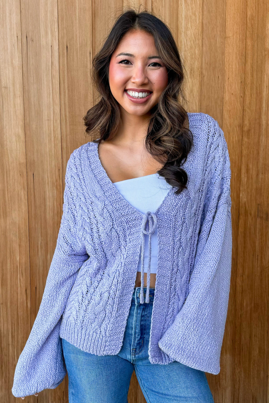 Winter Cutie Lavender Tie Front Sweater