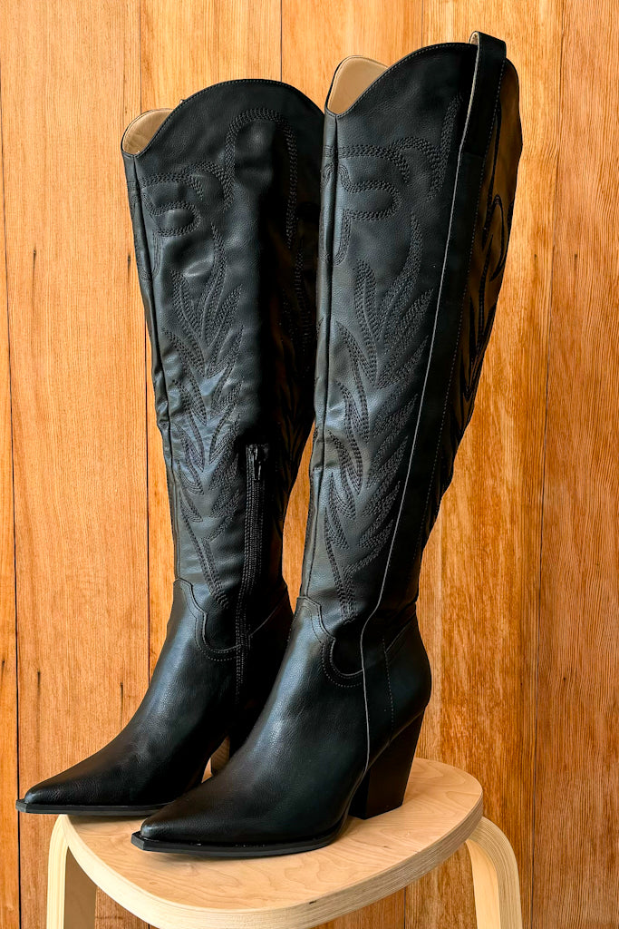 Bronco Black Knee High Embroidered Cowboy Boot